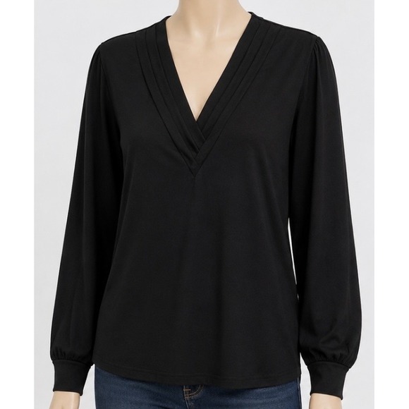 Agnes Urban Tops - Agnes Urban Womens Black Pleated V-Neck Long Sleeve Blouse Top Size Medium